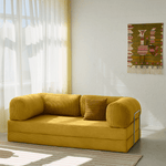 Primyhome Ginger Yellow corduroy convertible sofa rear view with sturdy chrome metal back support