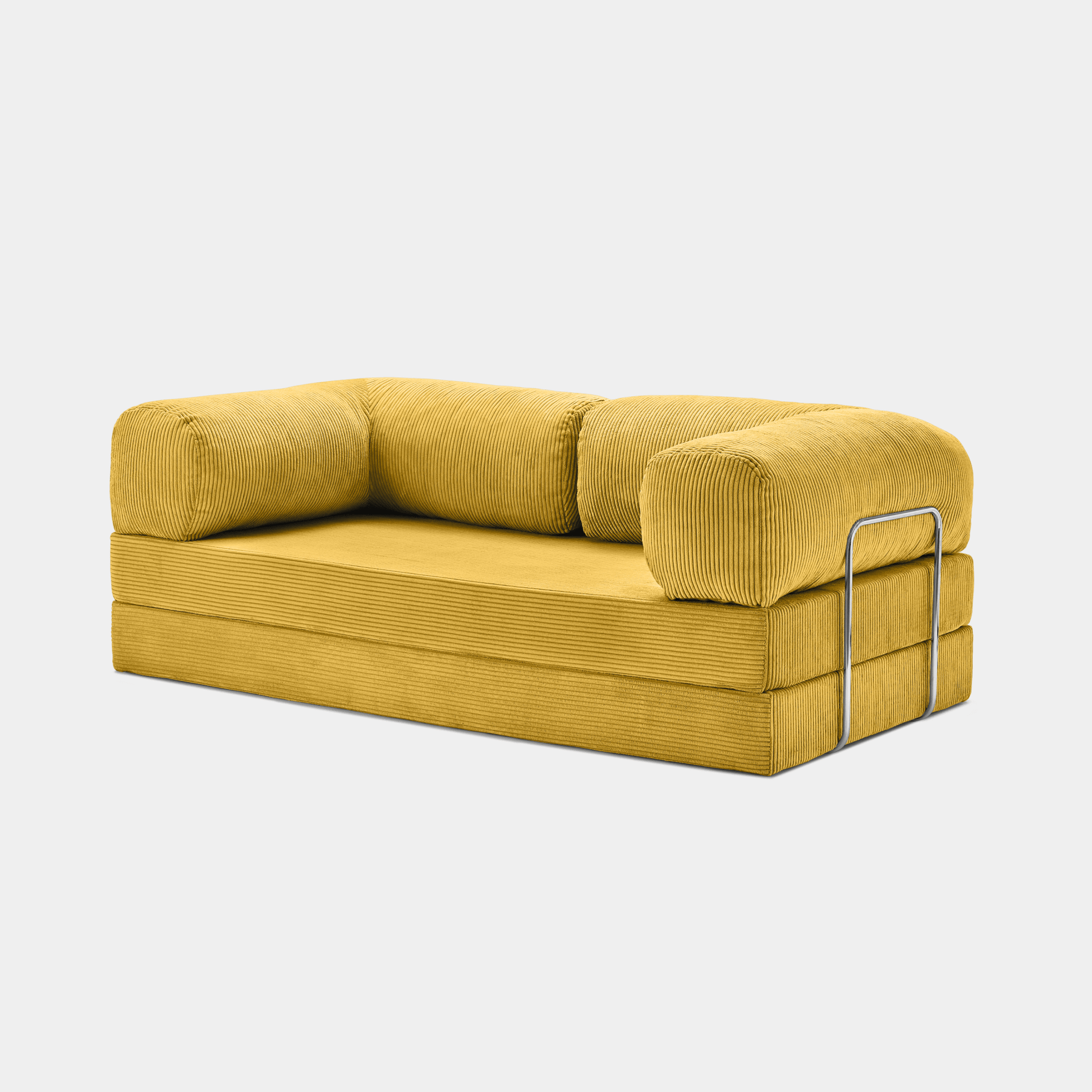 Primyhome Ginger Yellow convertible sleeper sofa bed in unfolded position, showcasing the corduroy fabric and metal side rails