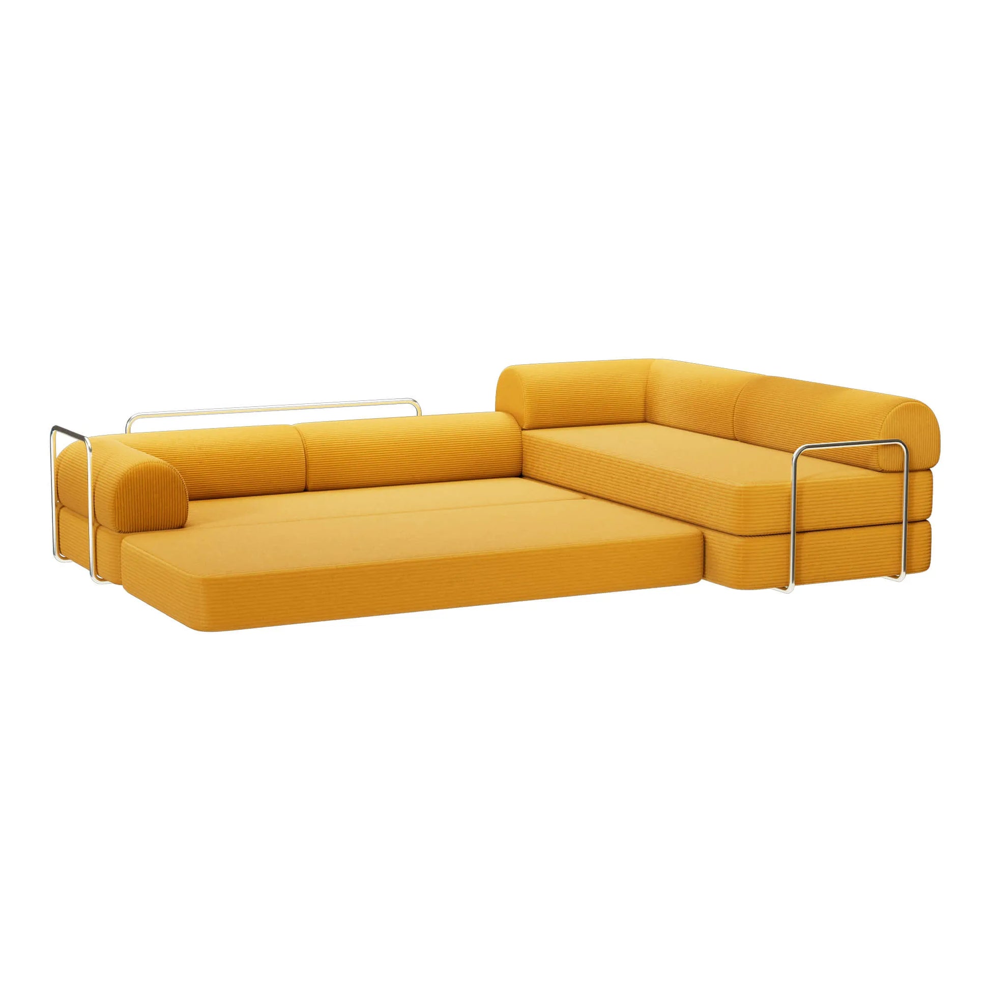 Primyhome Ginger Yellow corner closed sectional sofa fully unfolded into a large sleeper bed with corduroy texture