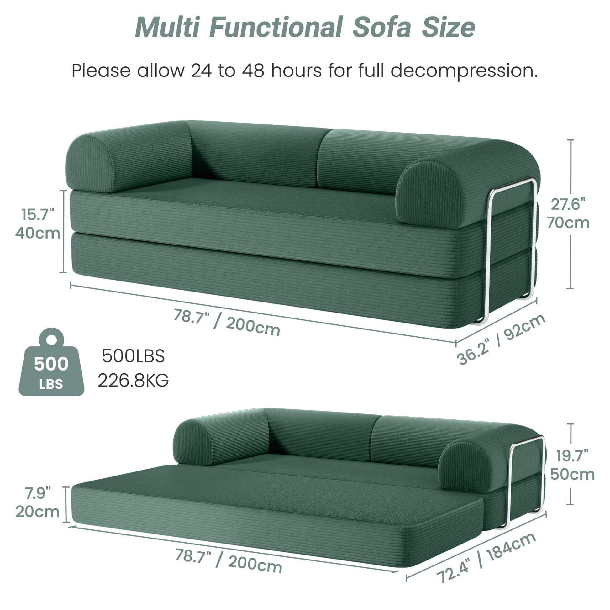 Dimensions of Primyhome large green corduroy convertible sofa bed