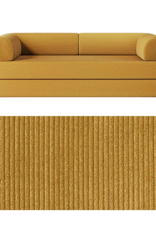 Primyhome convertible foldable sofa bed in Ginger Yellow, large, featuring a close-up of the corduroy fabric texture