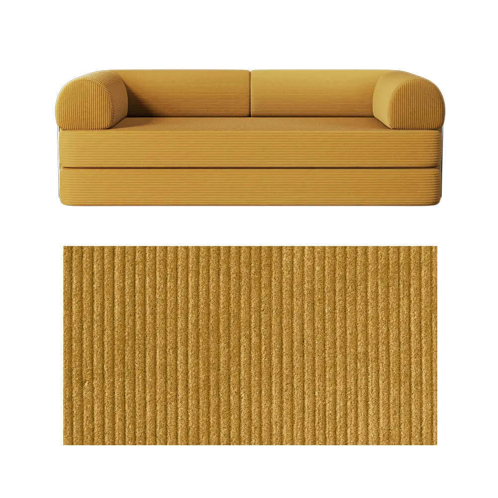 Primyhome convertible foldable sofa bed in Ginger Yellow, large, featuring a close-up of the corduroy fabric texture