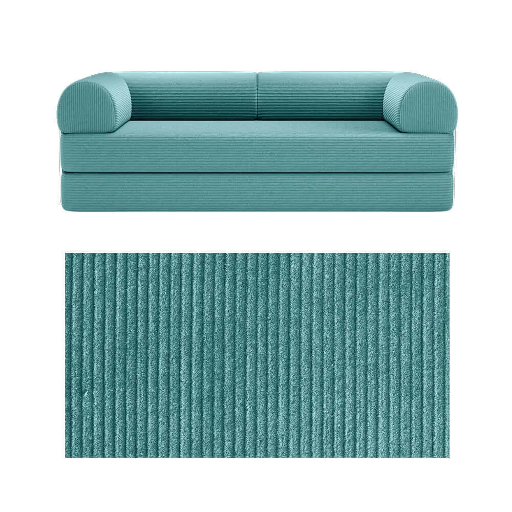 Primyhome convertible foldable sofa bed in Light Blue, large, featuring a close-up of the corduroy fabric texture