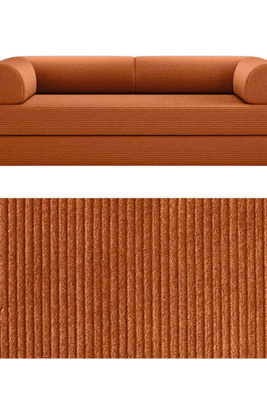 Primyhome convertible foldable sofa bed in Pumpkin Brown, large, featuring a close-up of the corduroy fabric texture