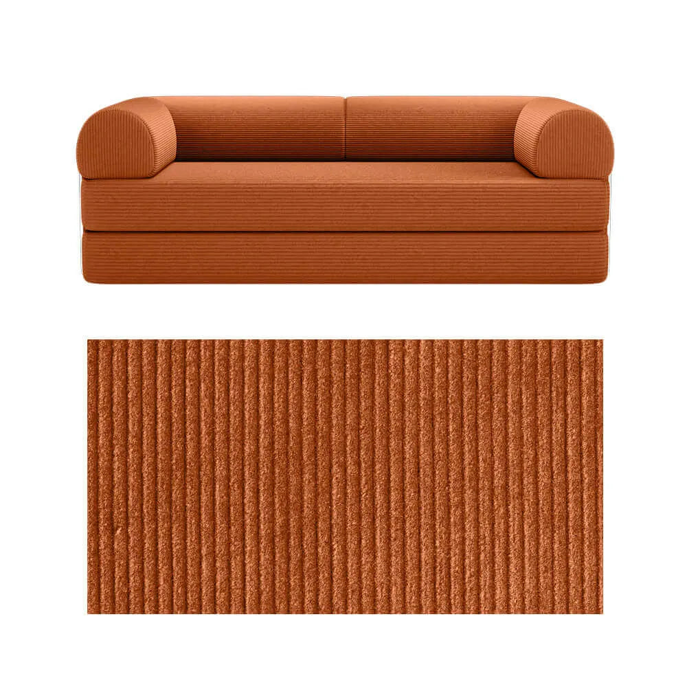 Primyhome convertible foldable sofa bed in Pumpkin Brown, large, featuring a close-up of the corduroy fabric texture