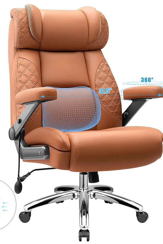 Big and Tall Leather Executive Office Chair with Built-In Airbag Lumbar Support and 360° Adjustable Armrests