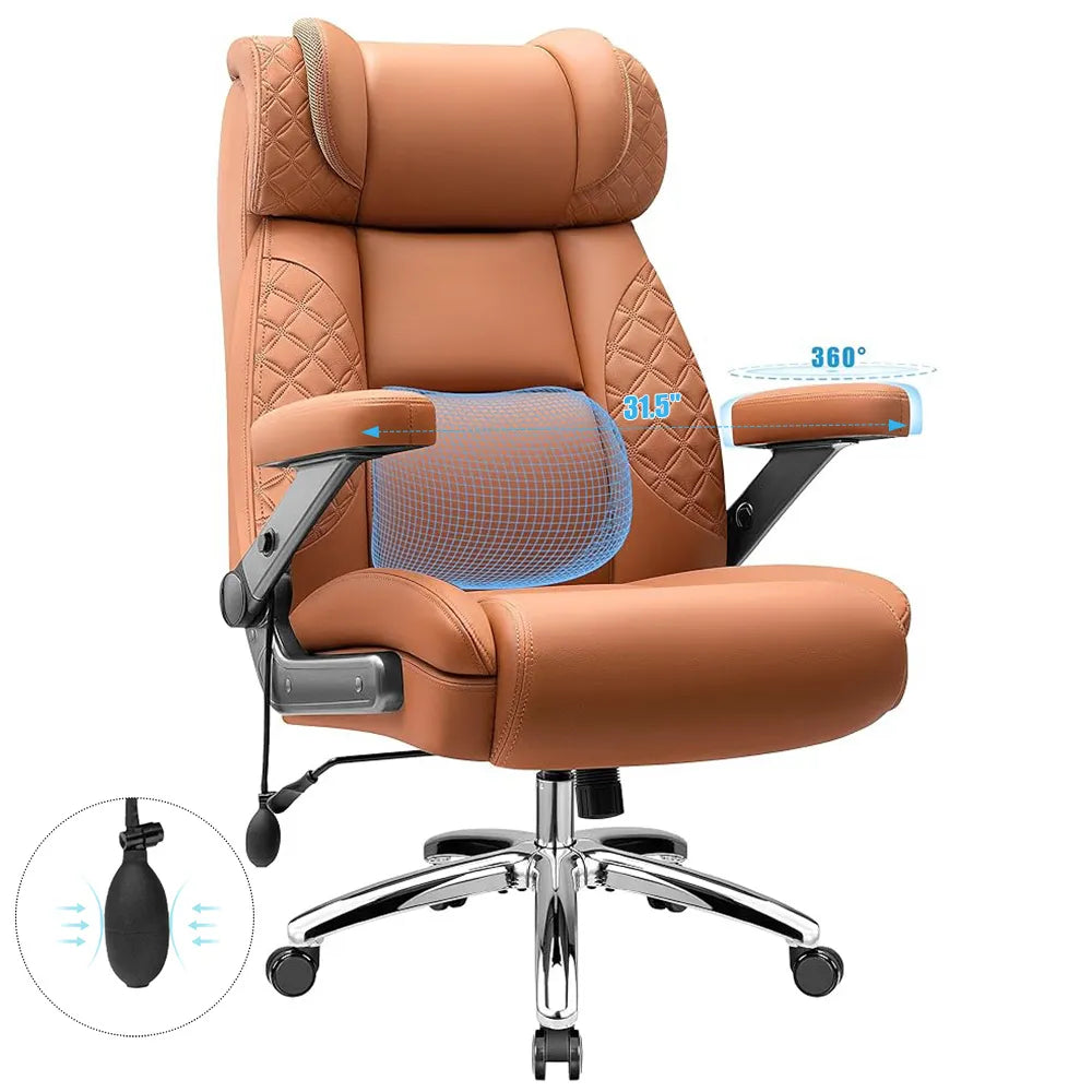 Big and Tall Leather Executive Office Chair with Built-In Airbag Lumbar Support and 360° Adjustable Armrests