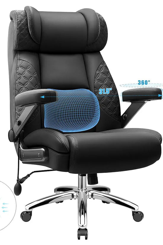Big and Tall Leather Executive Office Chair with Built-In Airbag Lumbar Support and 360° Adjustable Armrests