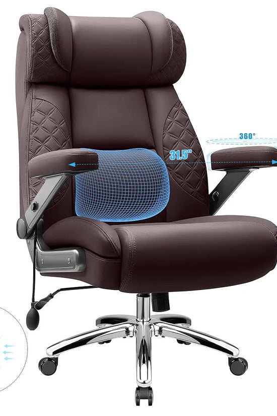 Big and Tall Leather Executive Office Chair with Built-In Airbag Lumbar Support and 360° Adjustable Armrests