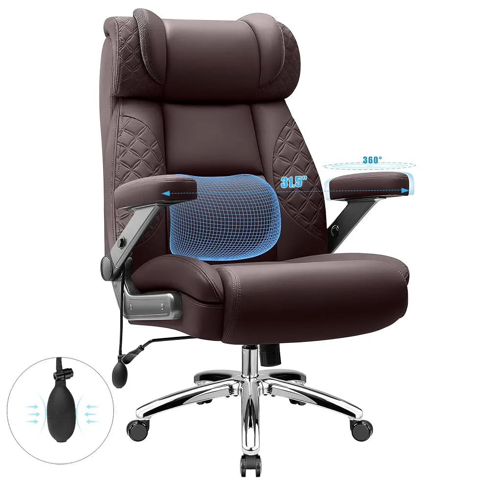 Big and Tall Leather Executive Office Chair with Built-In Airbag Lumbar Support and 360° Adjustable Armrests