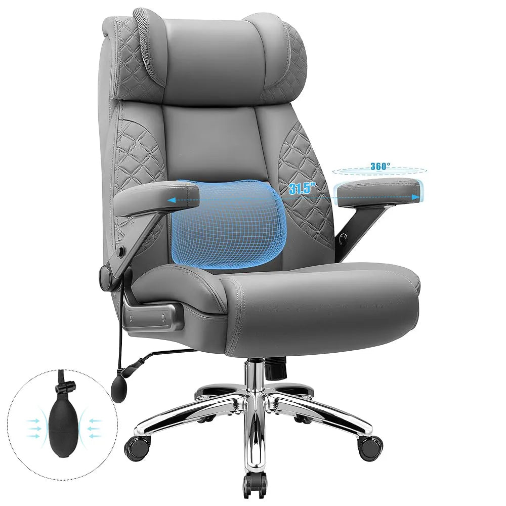 Big and Tall Leather Executive Office Chair with Built-In Airbag Lumbar Support and 360° Adjustable Armrests