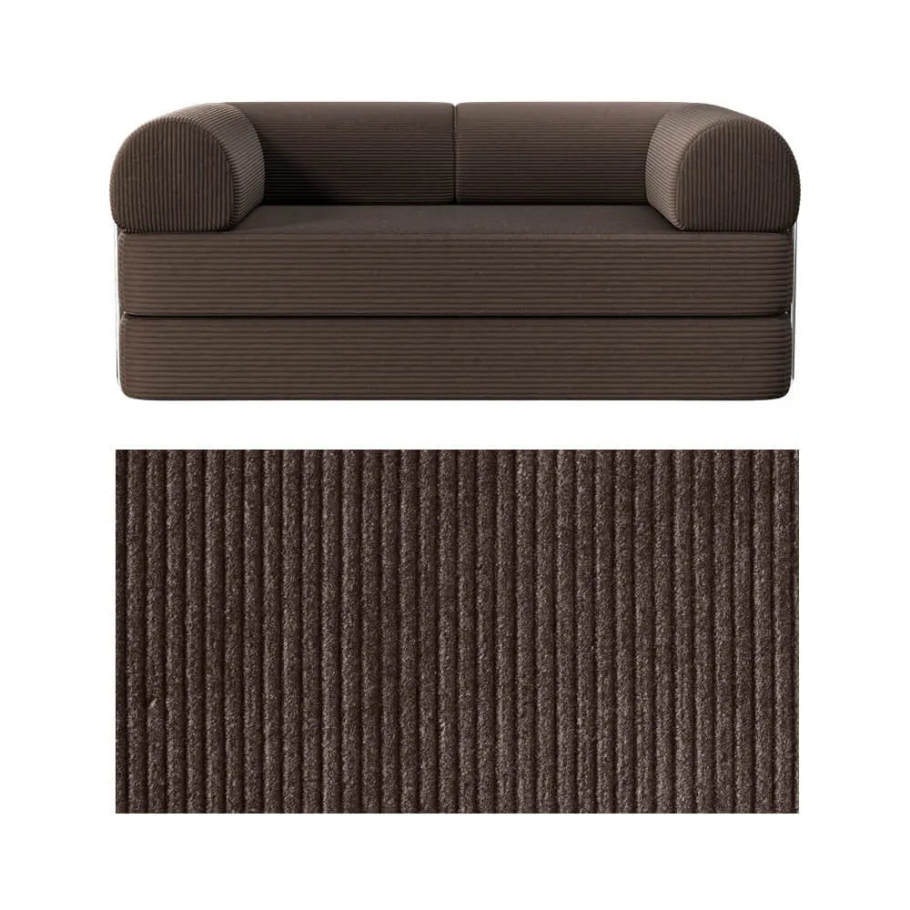 Primyhome convertible foldable sofa bed in Coffee Brown, mid-size, featuring a close-up of the corduroy fabric texture