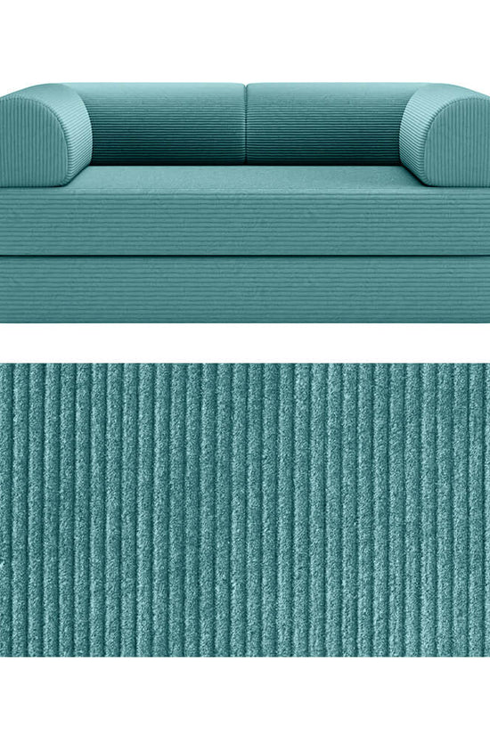 Primyhome convertible foldable sofa bed in Light Blue, mid-size, featuring a close-up of the corduroy fabric texture