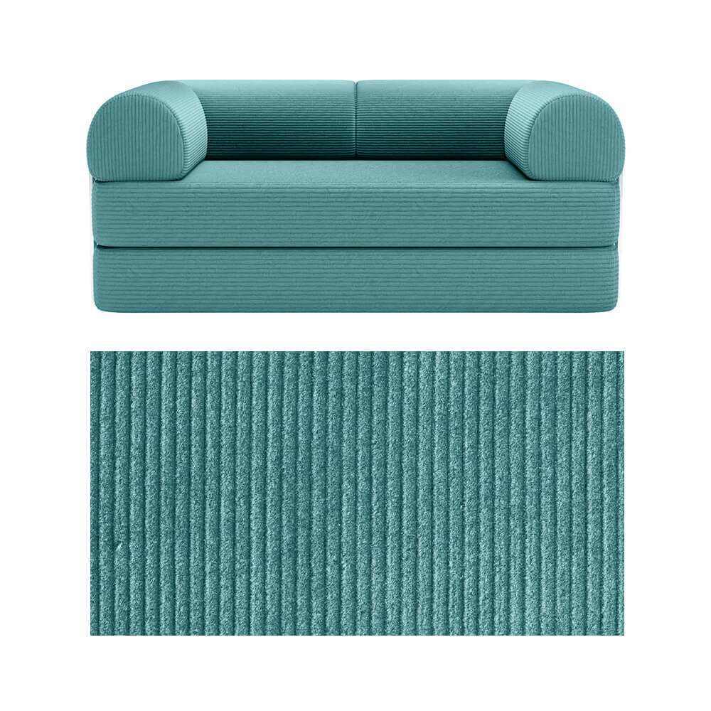 Primyhome convertible foldable sofa bed in Light Blue, mid-size, featuring a close-up of the corduroy fabric texture