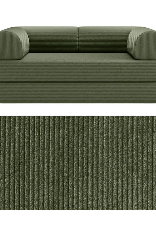 Primyhome convertible foldable sofa bed in Olive Green, mid-size, featuring a close-up of the corduroy fabric texture