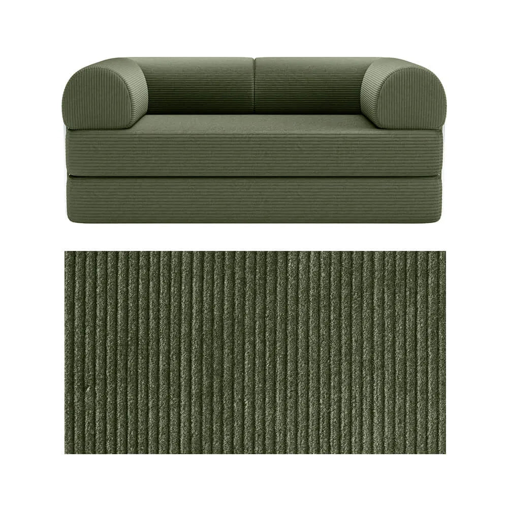 Primyhome convertible foldable sofa bed in Olive Green, mid-size, featuring a close-up of the corduroy fabric texture