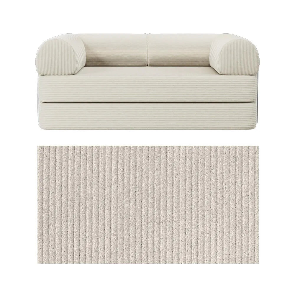 Primyhome convertible foldable sofa bed in White, mid-size, featuring a close-up of the corduroy fabric texture