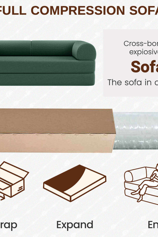 Primyhome green corduroy sofa-in-a-box. Easy 3-step setup with no assembly needed: Unwrap, Expand, Enjoy.