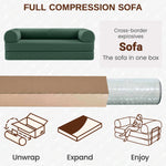 Primyhome green corduroy sofa-in-a-box. Easy 3-step setup with no assembly needed: Unwrap, Expand, Enjoy.