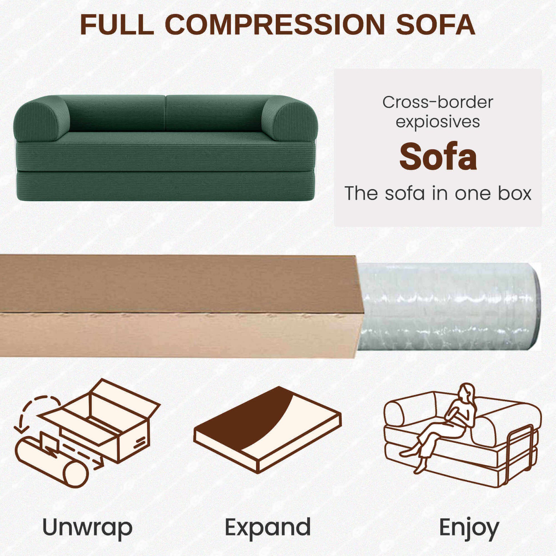 Primyhome green corduroy sofa-in-a-box. Easy 3-step setup with no assembly needed: Unwrap, Expand, Enjoy.