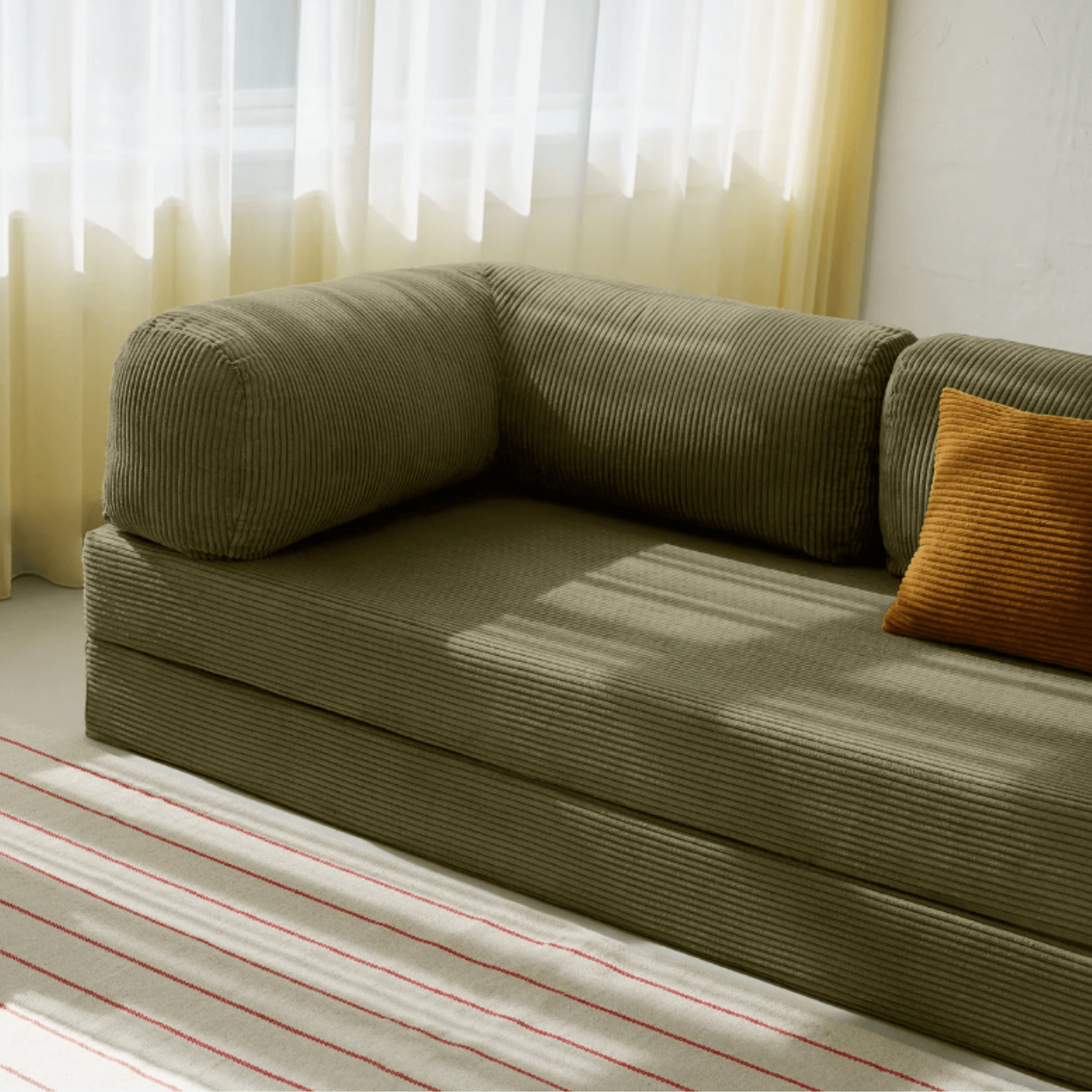 Primyhome Olive Green corduroy convertible sleeper sofa detail and sofa armrest close-up