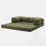Primyhome Olive Green convertible sleeper sofa bed in unfolded position, showcasing the corduroy fabric and metal side rails