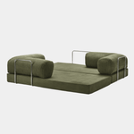 Fully unfolded Primyhome Olive Green corduroy sleeper sofa bed with metal support on a clean white background