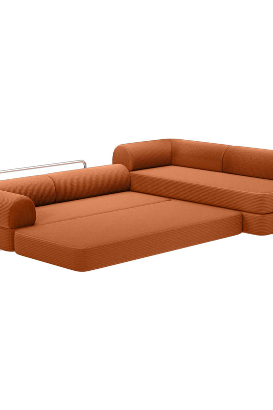 Primyhome Pumpkin Brown corner closed sectional sofa fully unfolded into a large sleeper bed with corduroy texture
