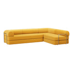 Side view of Primyhome Ginger Yellow corner closed sectional sofa, showing the L-shaped corduroy cushions and sleek metal frame support