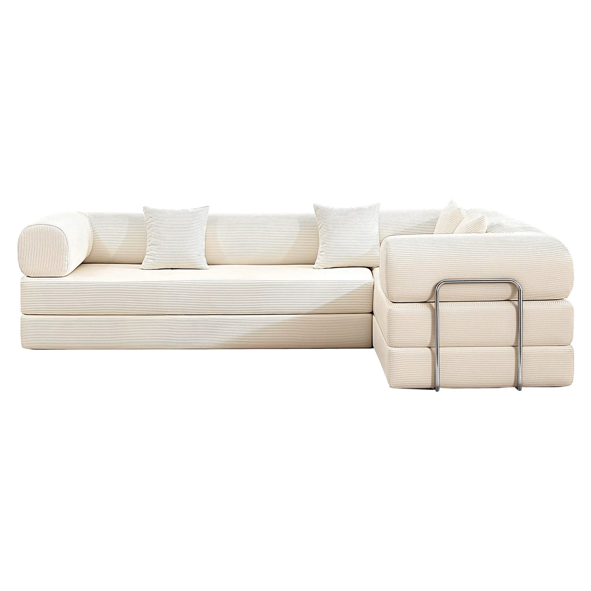 Primyhome White  corner closed sectional sofa, modular corduroy L-shaped couch for living rooms