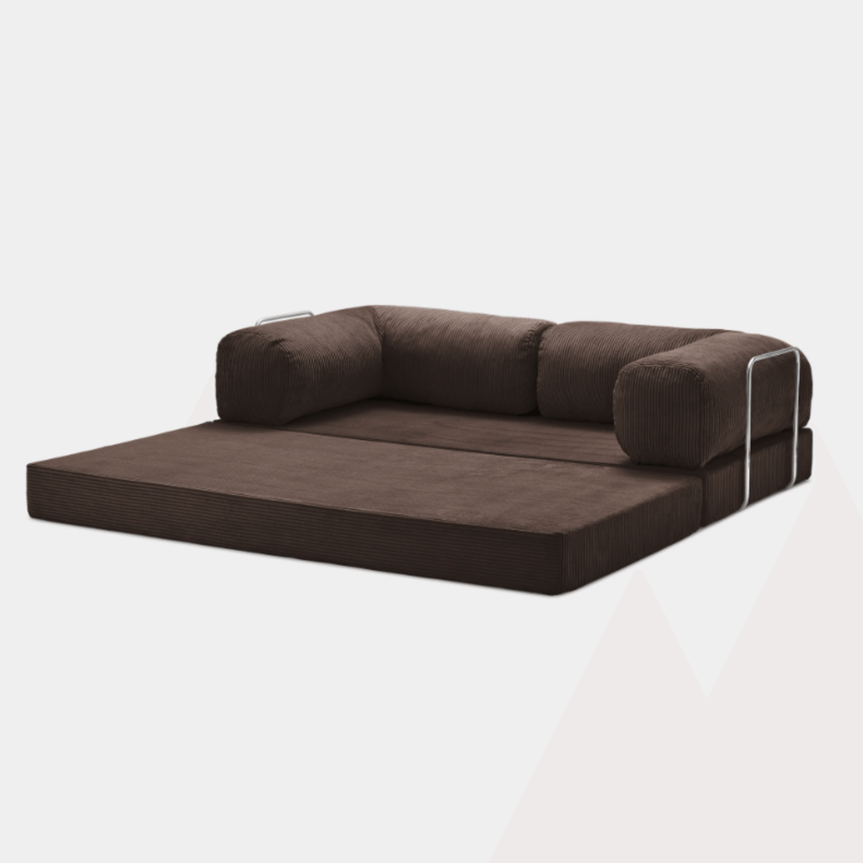 Primyhome coffee brown convertible sleeper sofa bed in unfolded position, showcasing the corduroy fabric and metal side rails