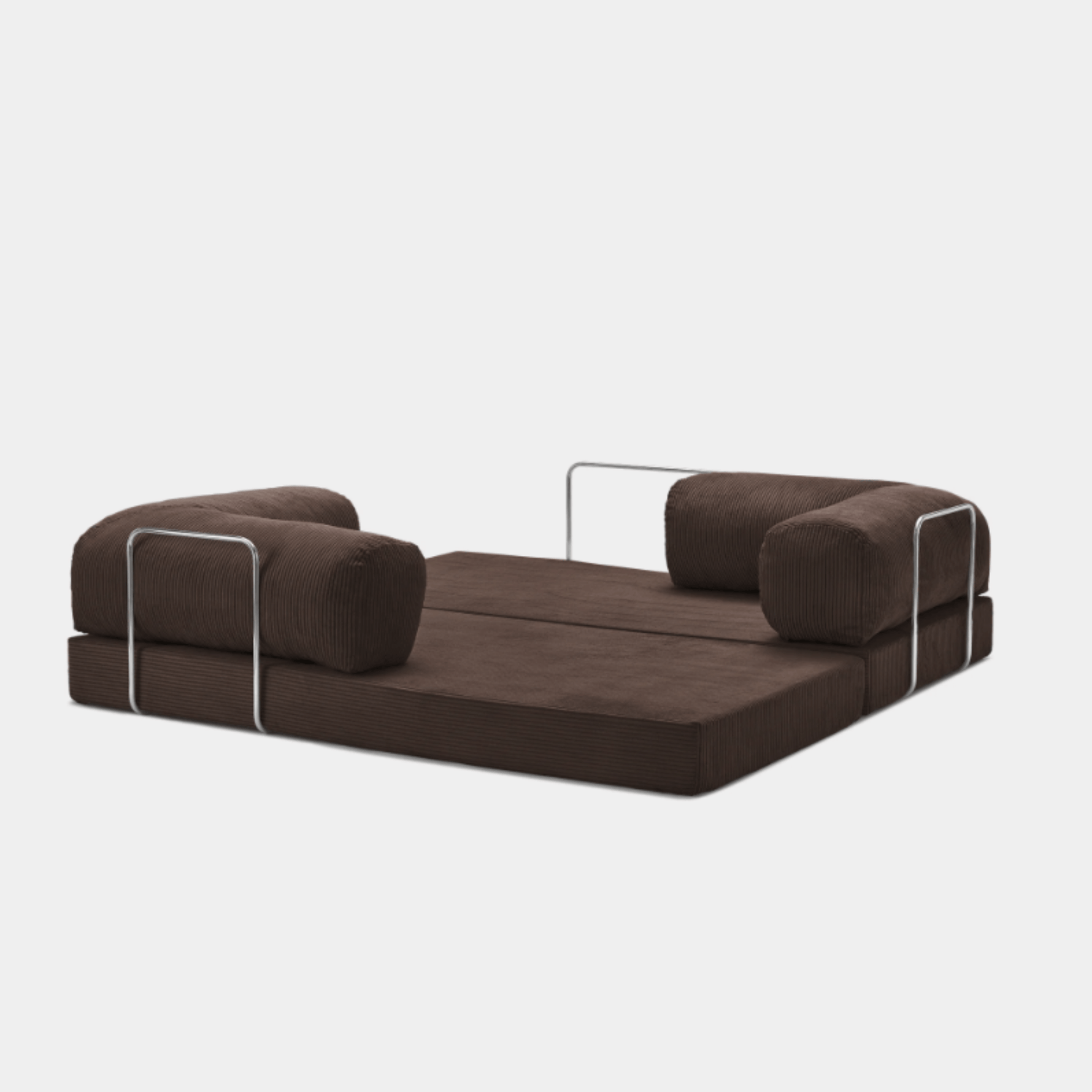 Fully unfolded Primyhome coffee brown corduroy sleeper sofa bed with metal support on a clean white background
