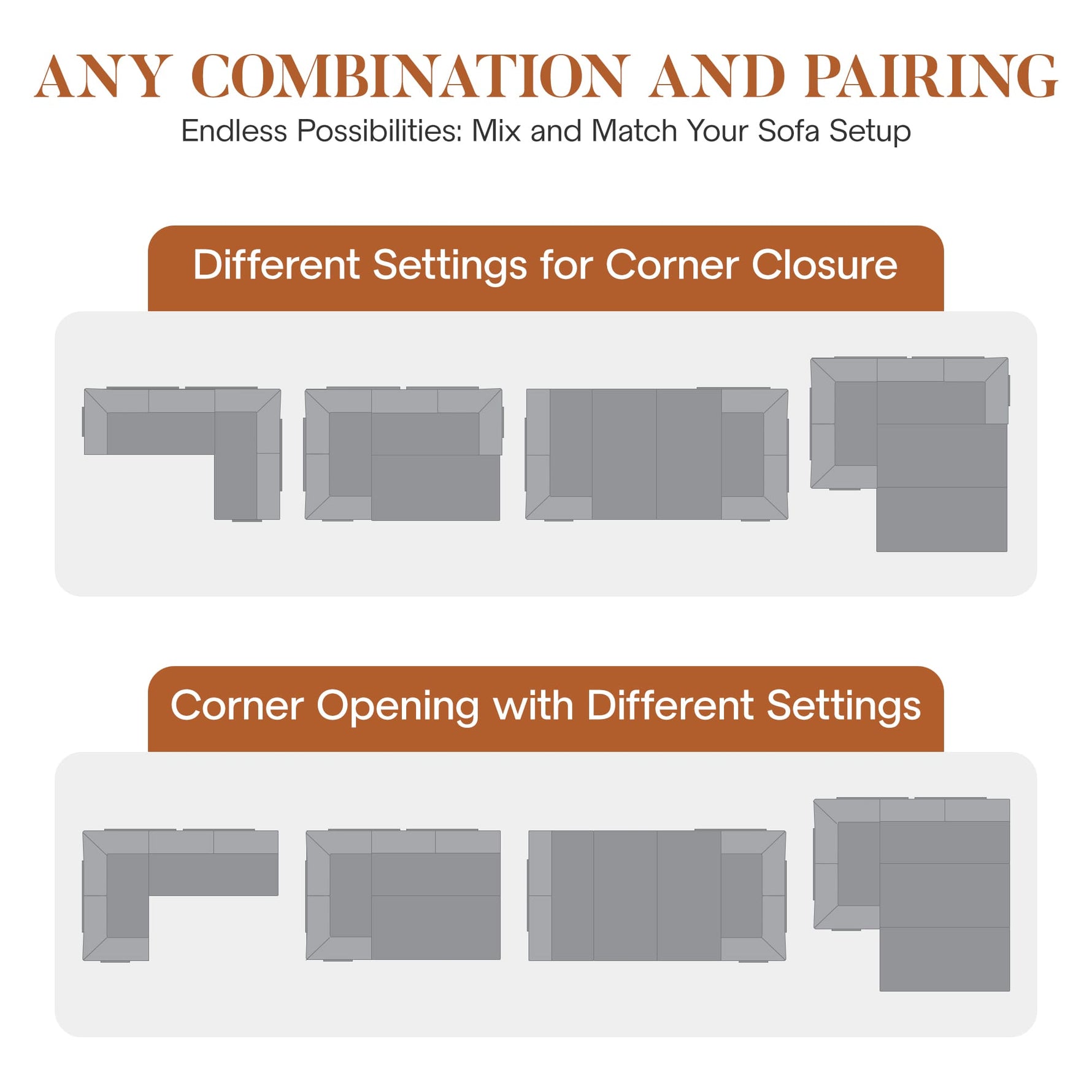 Versatile modular sofa bed configuration guide showing multiple arrangement options for corner and sectional setups.