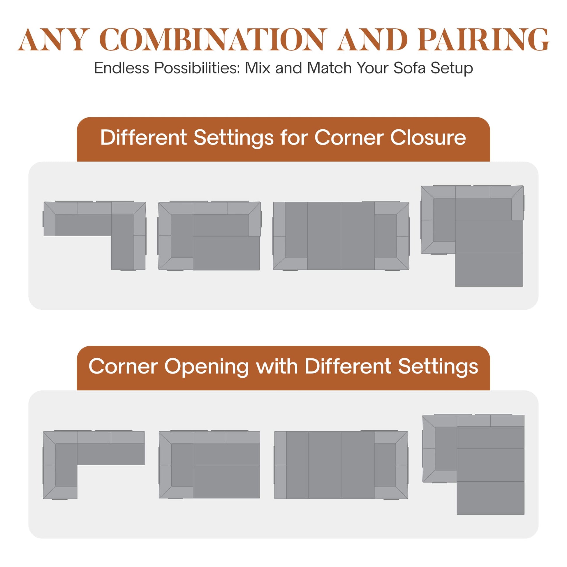 Versatile modular sofa bed configuration guide showing multiple arrangement options for corner and sectional setups.
