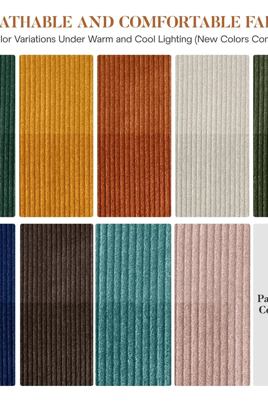 Corduroy fabric swatches in various colors showing subtle color shifts, highlighting sofa material options.