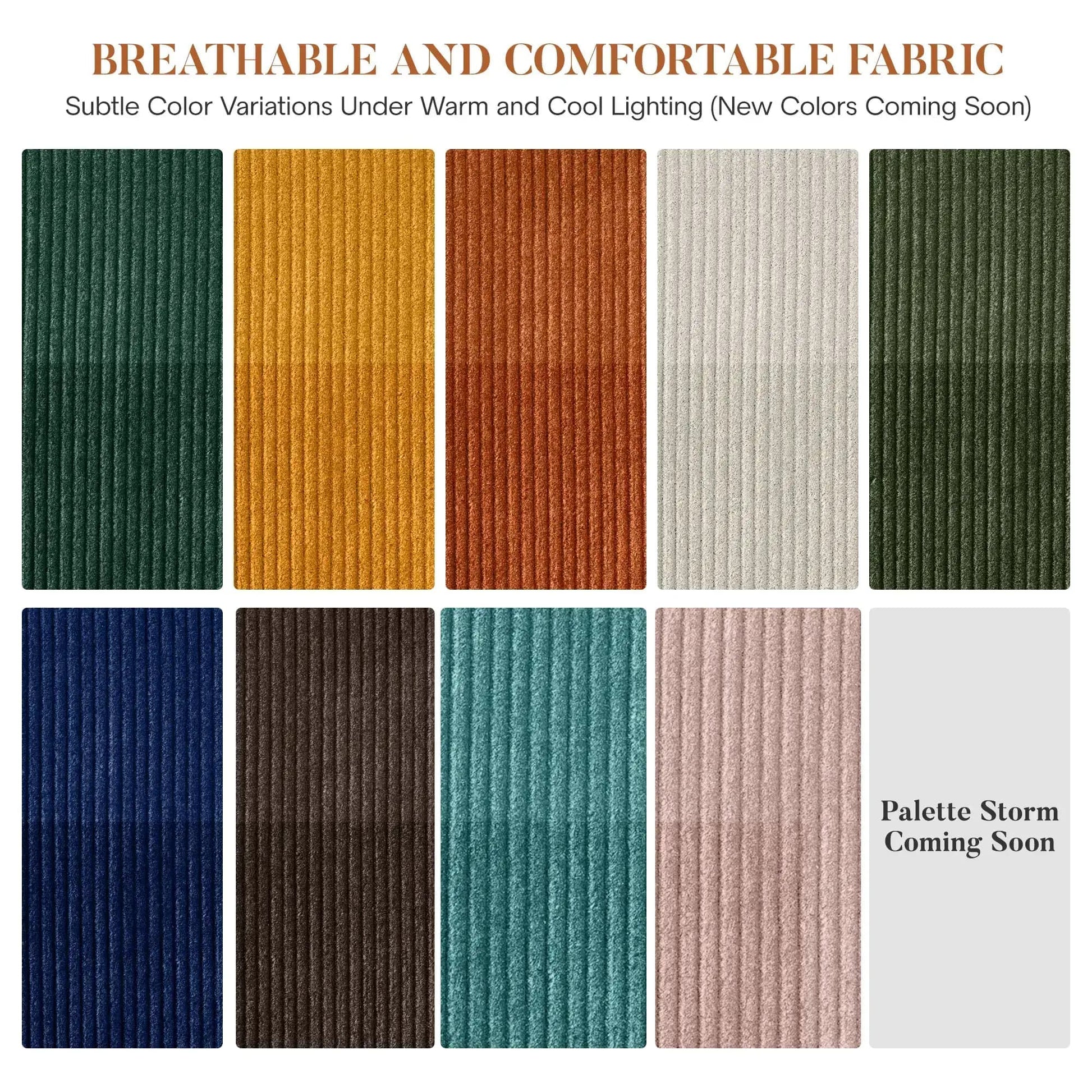 Corduroy fabric swatches in various colors showing subtle color shifts, highlighting sofa material options.