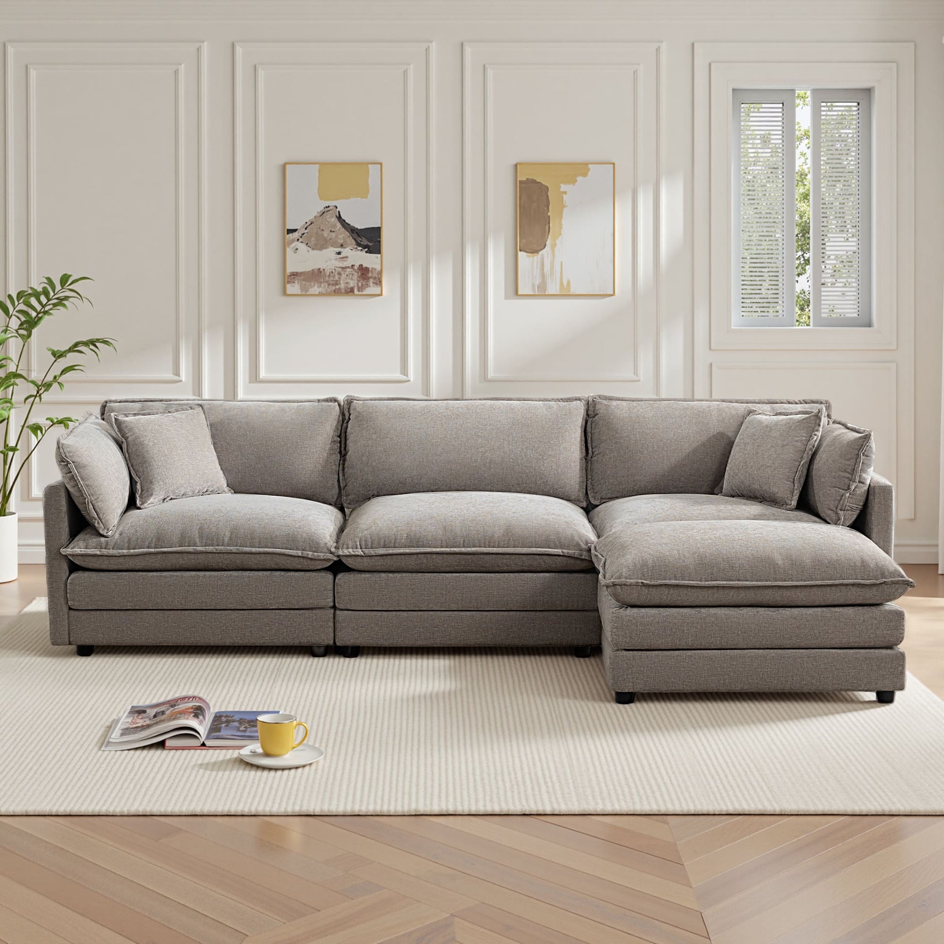 Modular 3-Seat Deep Seat Sectional Sofa with Ottoman