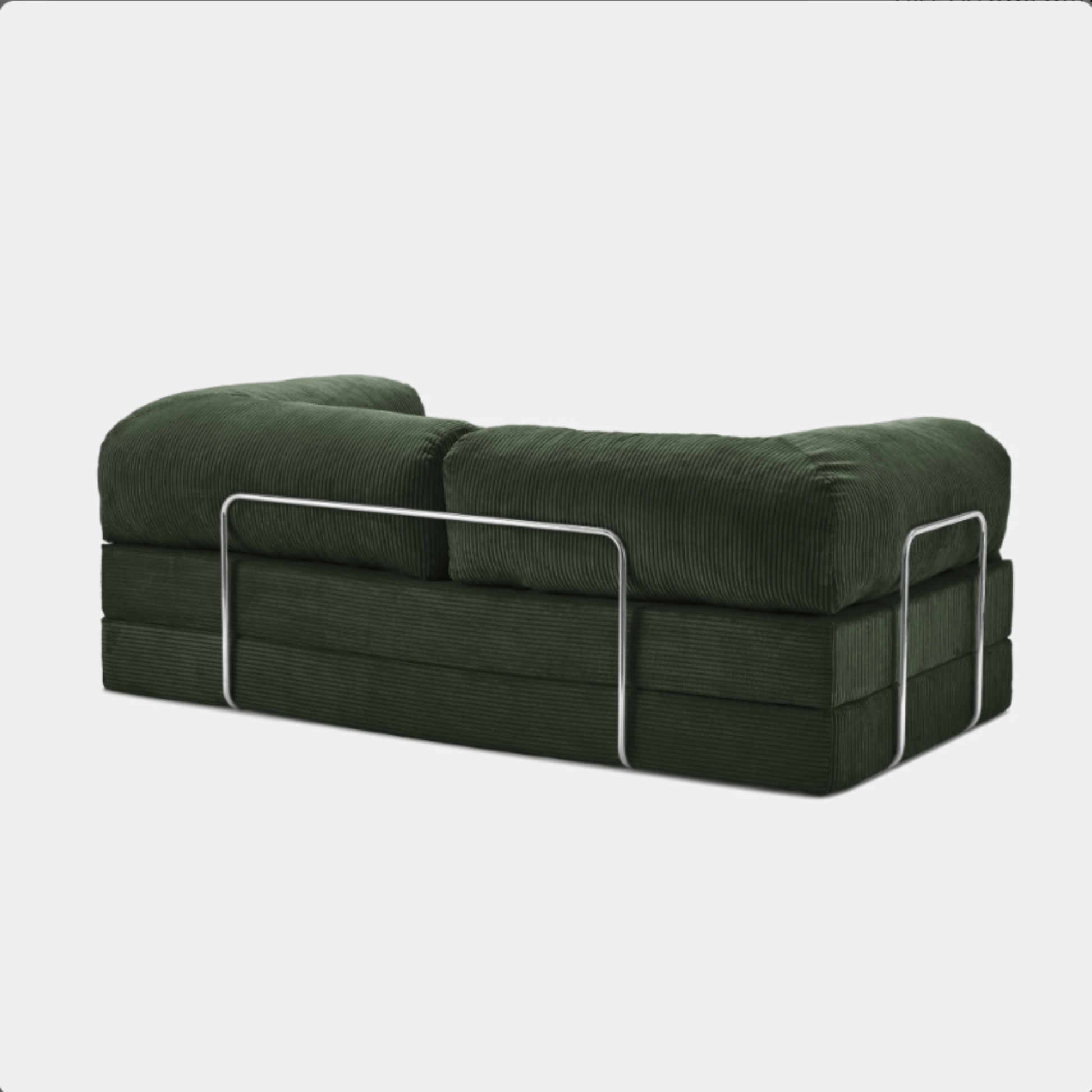 Primyhome green corduroy convertible sofa rear view with sturdy chrome metal back support