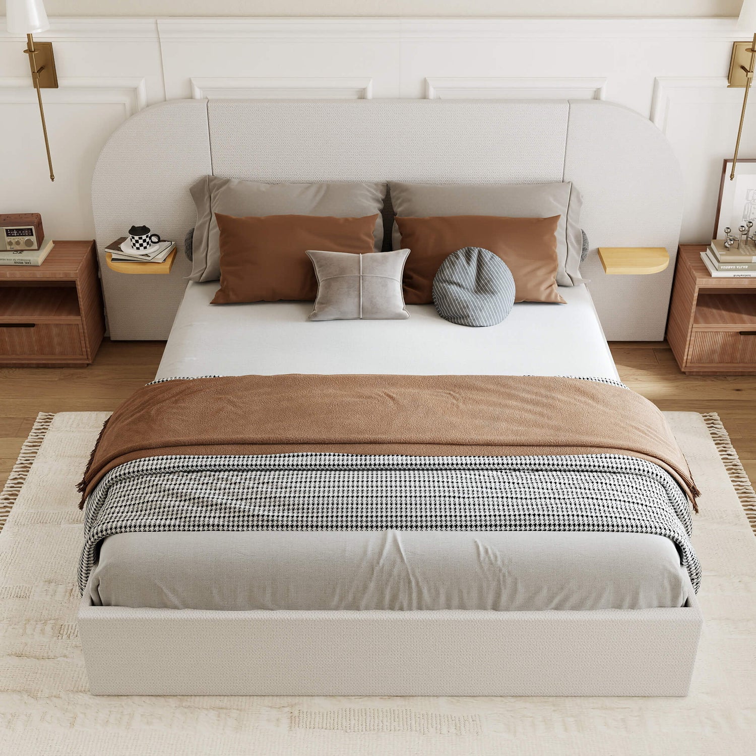 ModuNest Rounded Solid Wood Bed with Built-in Side Tables