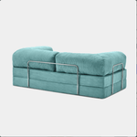 Primyhome light blue corduroy convertible sofa rear view with sturdy chrome metal back support