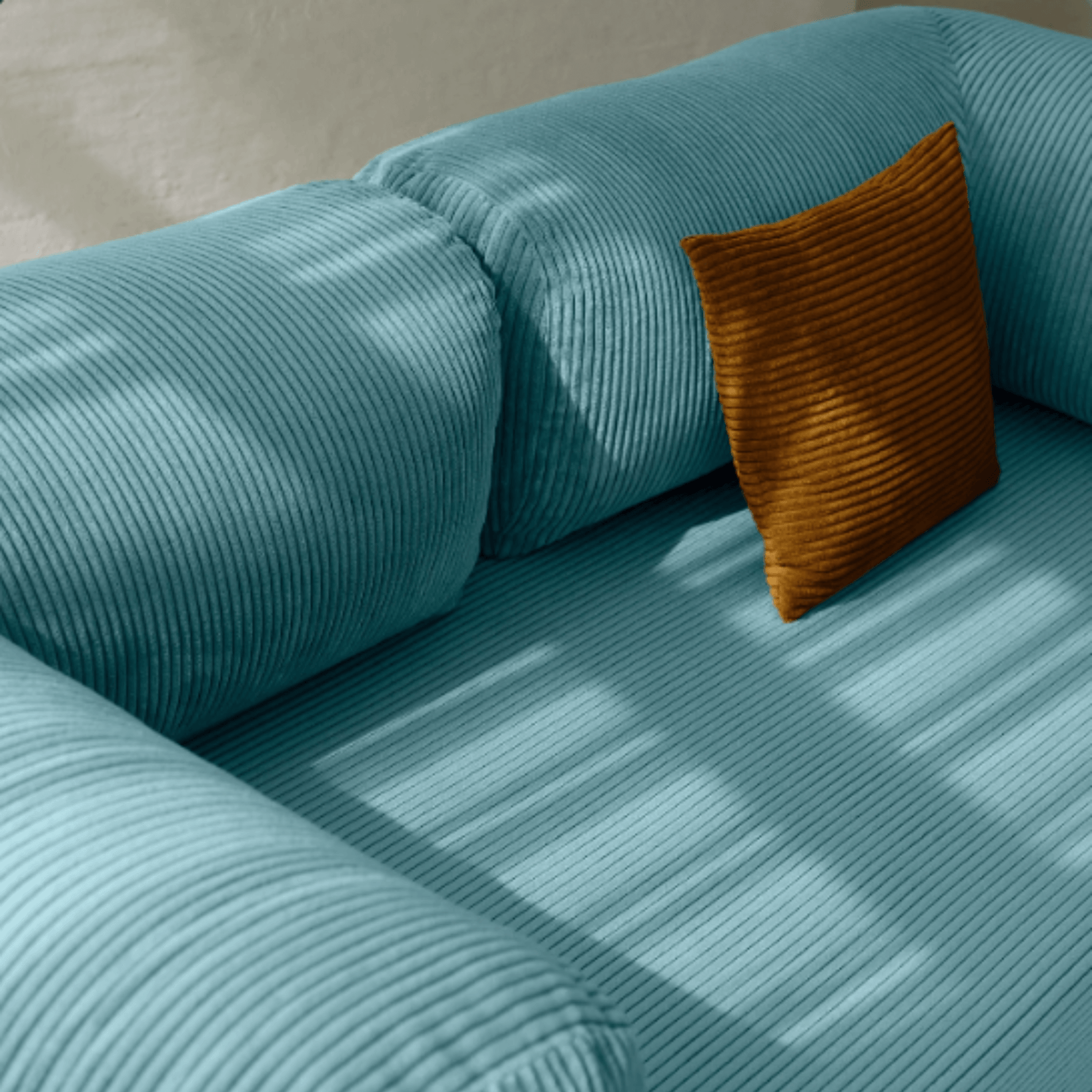 Primyhome light blue corduroy convertible sofa bed fabric close-up with soft natural light shadows