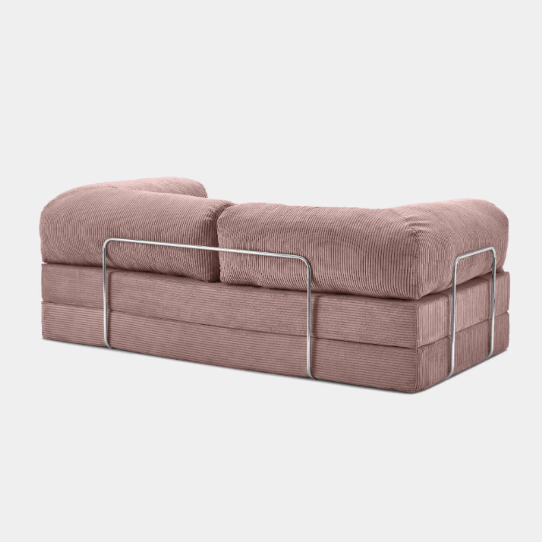 Primyhome pink corduroy convertible sofa rear view with sturdy chrome metal back support