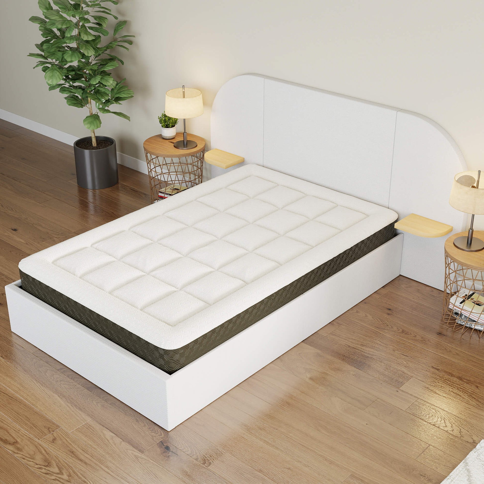 ModuNest Rounded Solid Wood Bed with Built-in Side Tables