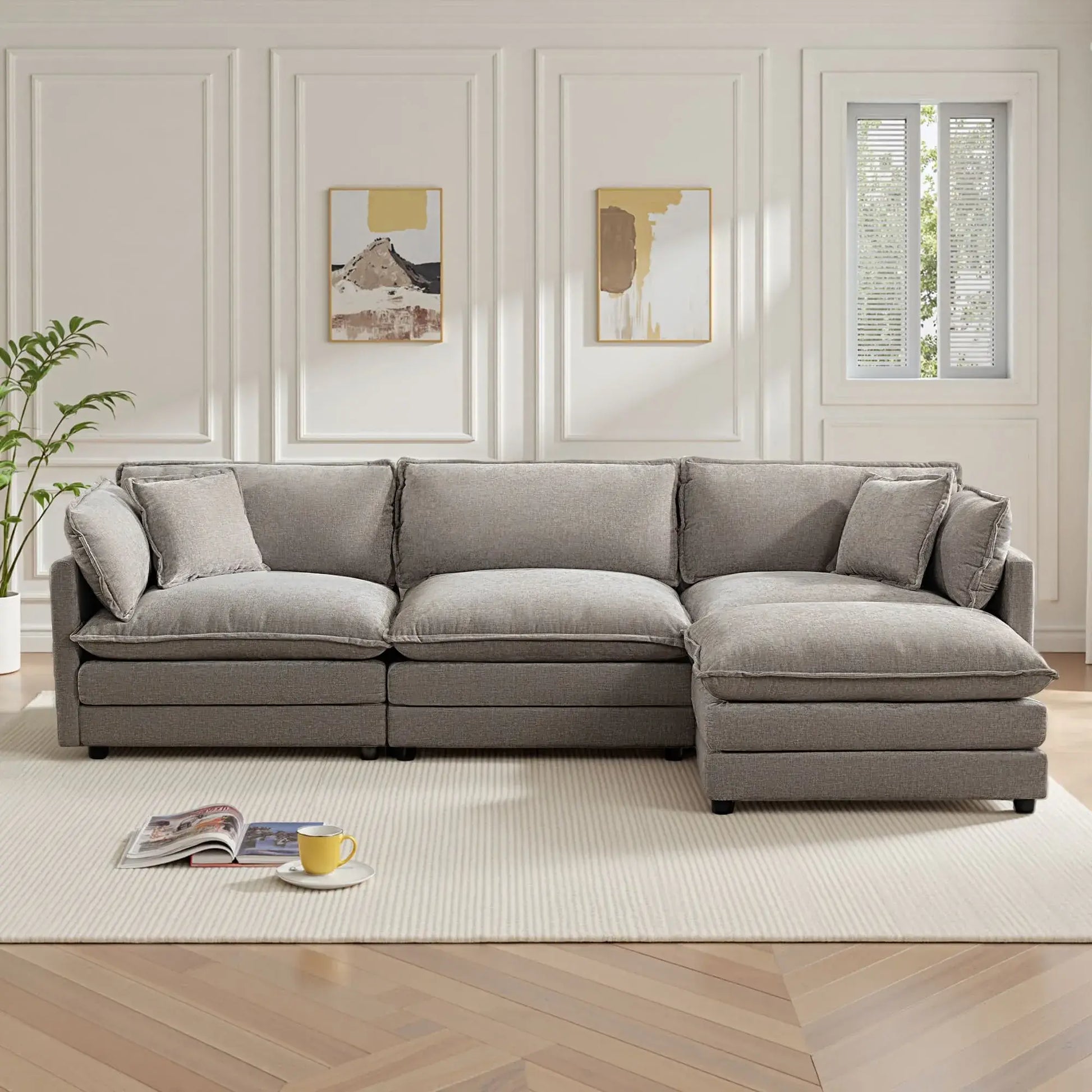Modular 3-Seat Deep Seat Sectional Sofa with Ottoman