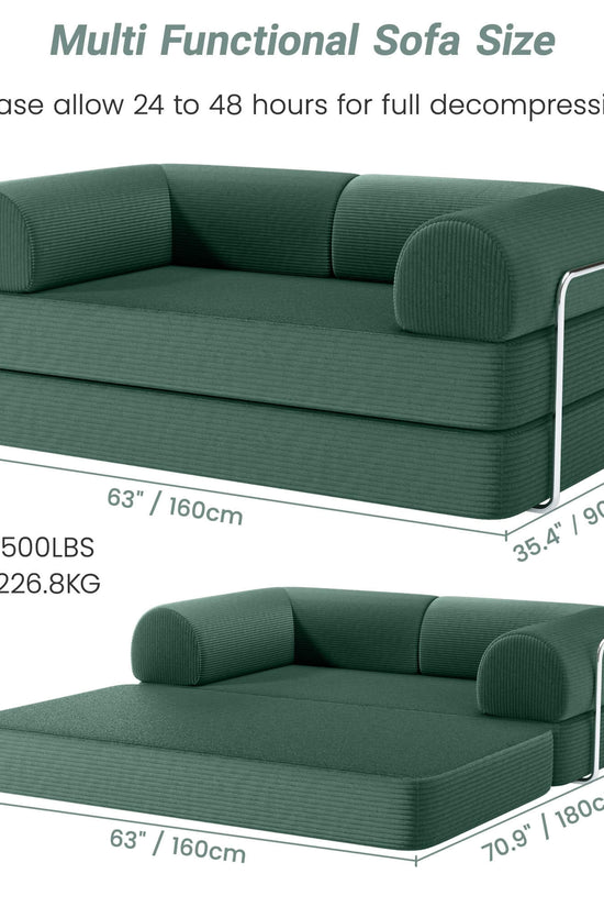 Dimensions of Primyhome medium green corduroy convertible sofa bed