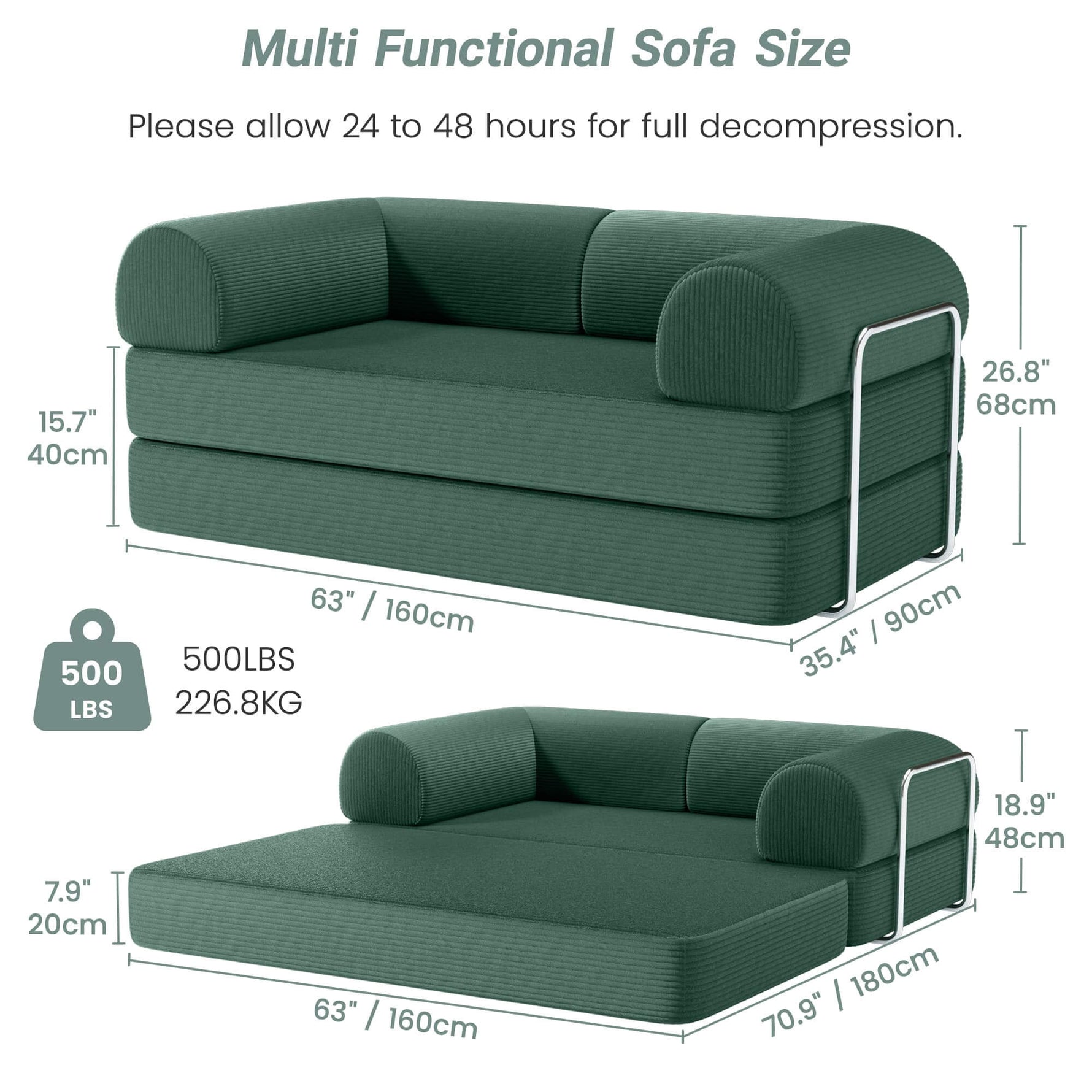 Dimensions of Primyhome medium green corduroy convertible sofa bed