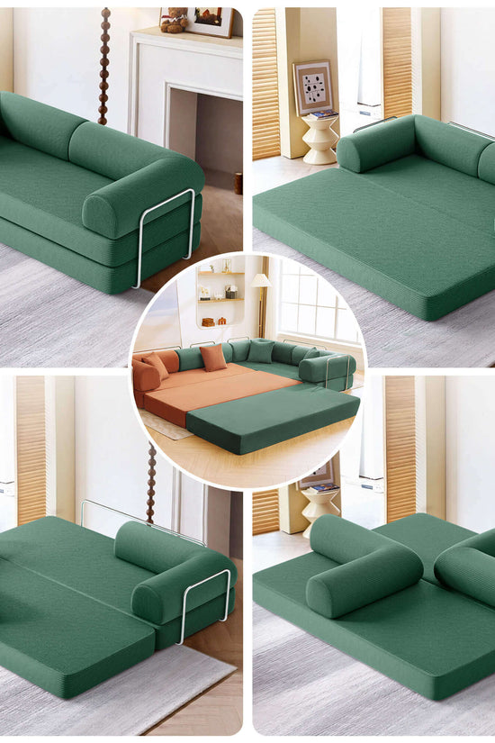 Primyhome Green corduroy convertible sofa, 4-in-1 modular design for living room or guest room, versatile floor bed system.