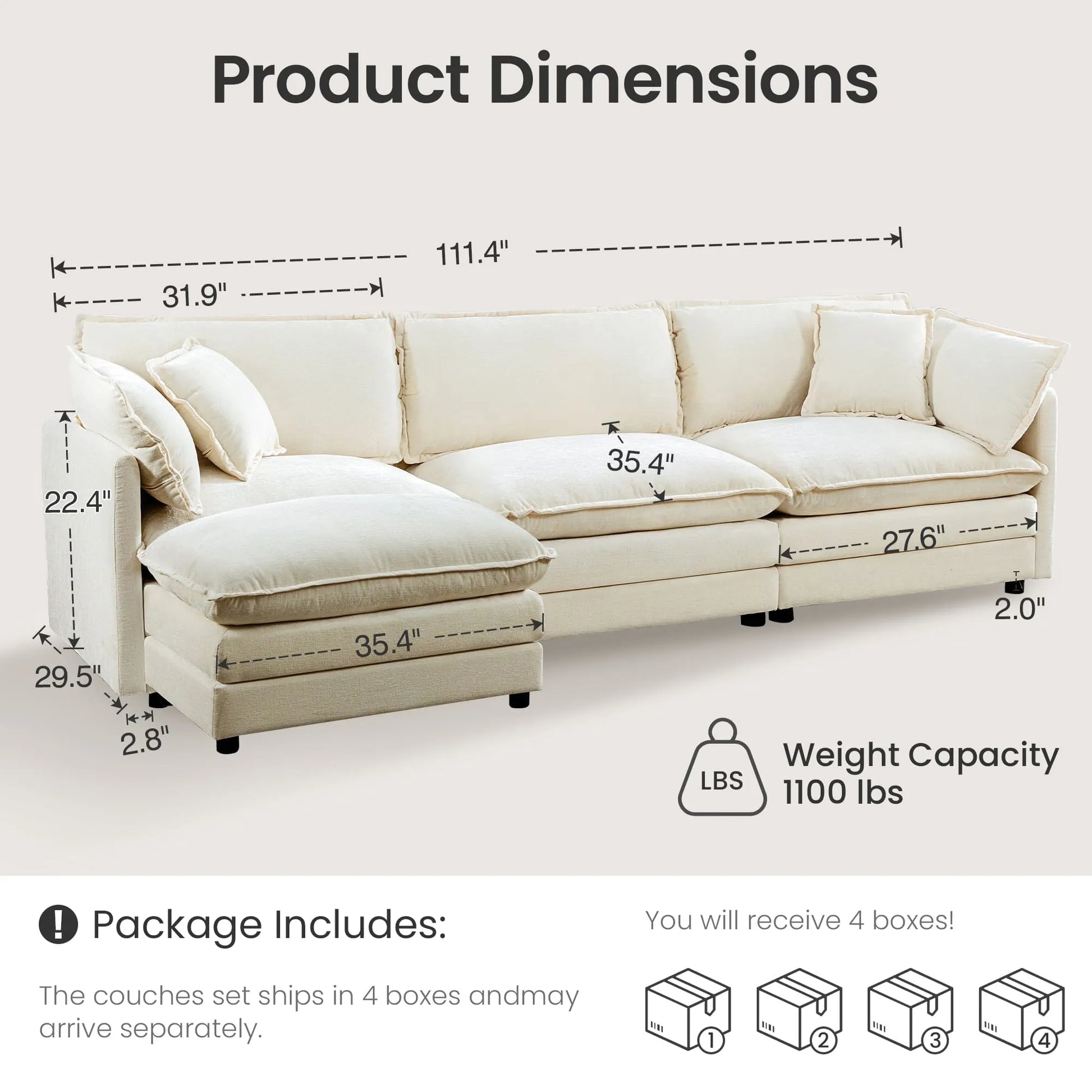 Modular 3-Seat Deep Seat Sectional Sofa with Ottoman