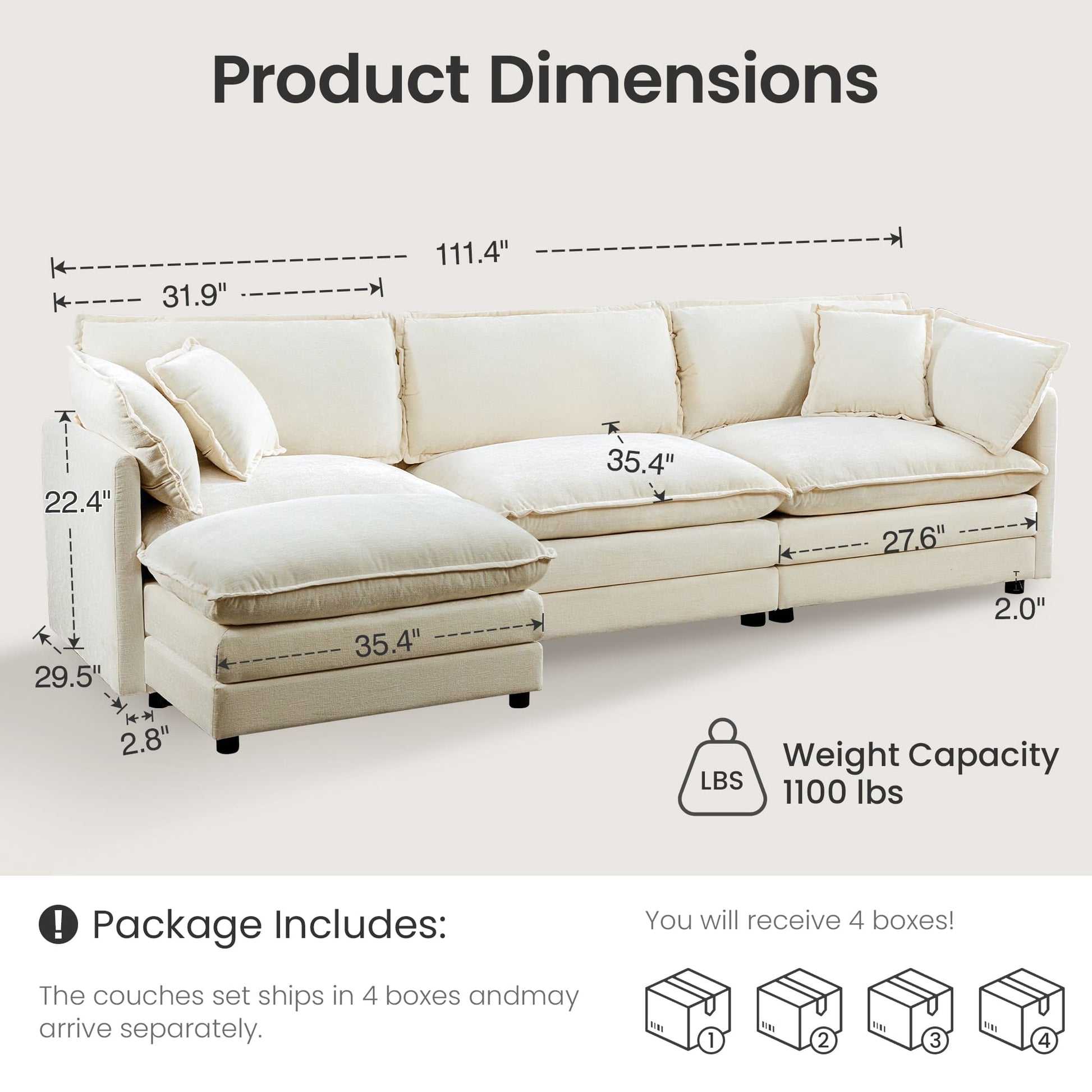 Modular 3-Seat Deep Seat Sectional Sofa with Ottoman