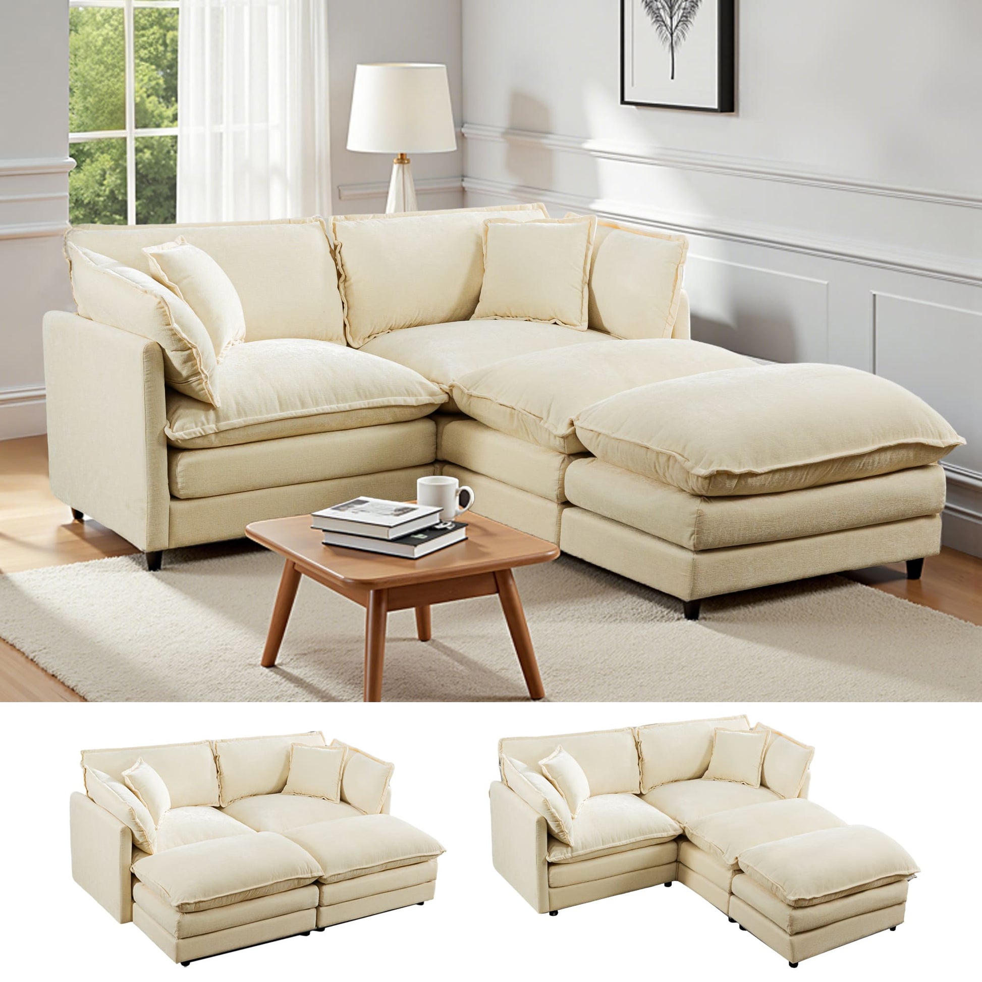 Modular 3-Seat Deep Seat Sectional Sofa with Ottoman